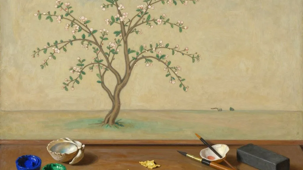 An artist’s wooden desk with an unfinished painting of a flowering tree, brushes, a seashell holding pigment, pots of blue and green colour and a burnishing stone