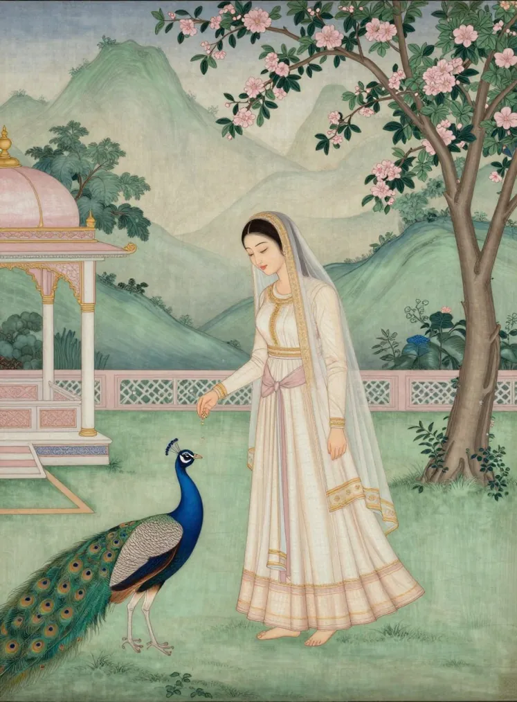A woman in a long ivory gown and sheer veil bends to feed a peacock in a garden, a pink and white pavilion to one side, a blossoming tree and misty green hills behind