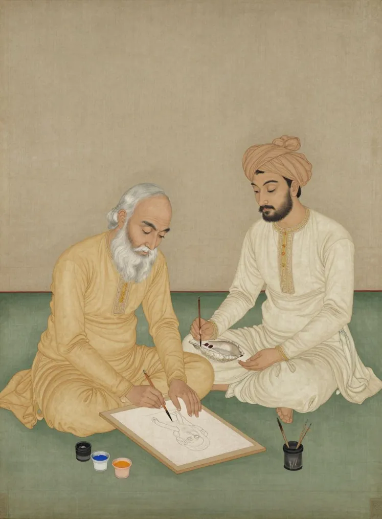 An older painter with a white beard sits on the floor drawing the outline of a figure on a board, while a younger man in a turban beside him holds a seashell of pigment and a brush; small pots of colour nearby