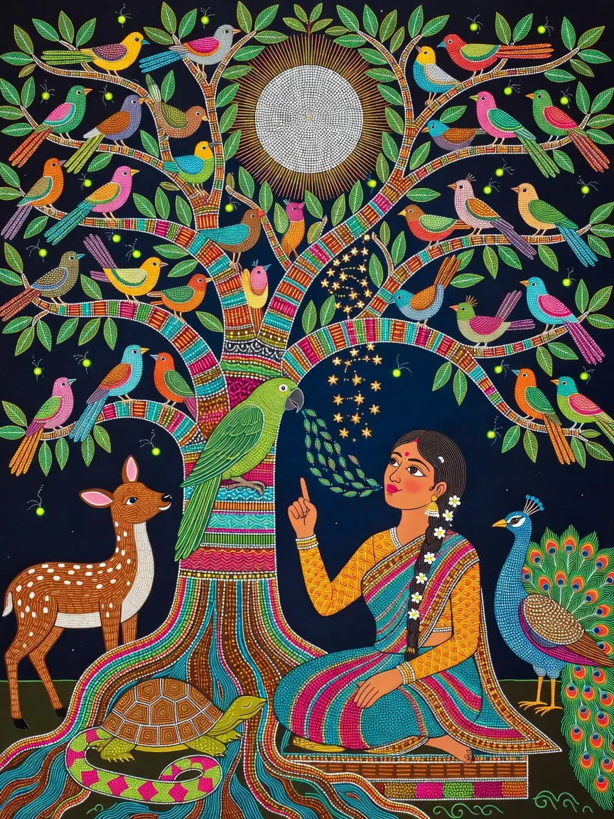 A Gond painting on a midnight-blue ground of a woman in a patterned sari seated beneath a great dotted tree full of colourful birds and a glowing moon, a green parrot on the trunk before her and a ribbon of stars rising from its beak, while a spotted deer, a peacock and a tortoise listen