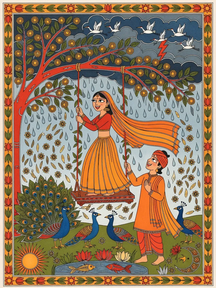 A Madhubani painting of a young woman in an orange skirt and veil standing on a swing hung from a red-trunked tree with golden blossoms, while a young man in a turban looks up at her; peacocks, rain, a crane-filled storm sky, a sun, a crescent moon and a fish pond fill the picture inside a floral border