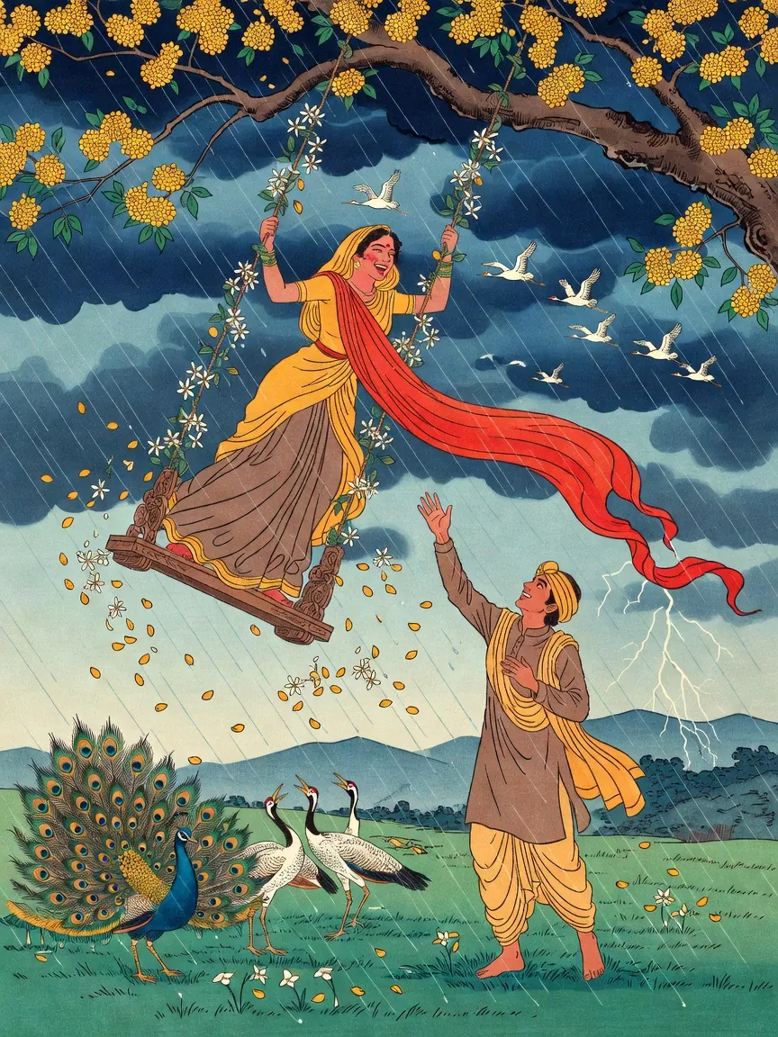 A Japanese woodblock-print style picture of a laughing young woman in a yellow sari on a flower-twined swing under a branch of golden blossoms, her red veil streaming in the rain, as a young man reaches up to her and a peacock and cranes stand on the grass beneath a stormy sky