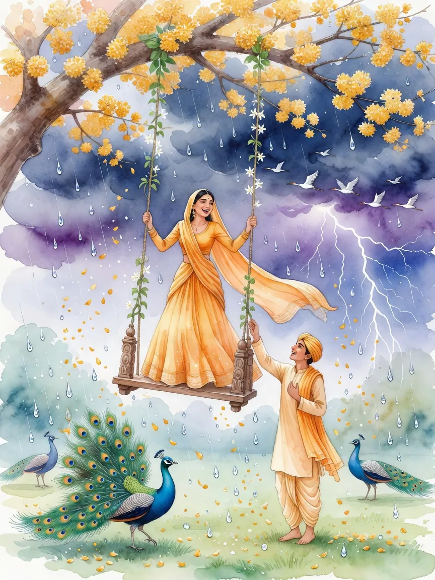 A soft watercolour of a young woman in a saffron dress and veil laughing on a wooden swing under a blossoming tree, a young man in a turban reaching up to her, peacocks on the grass and lightning across a violet storm sky