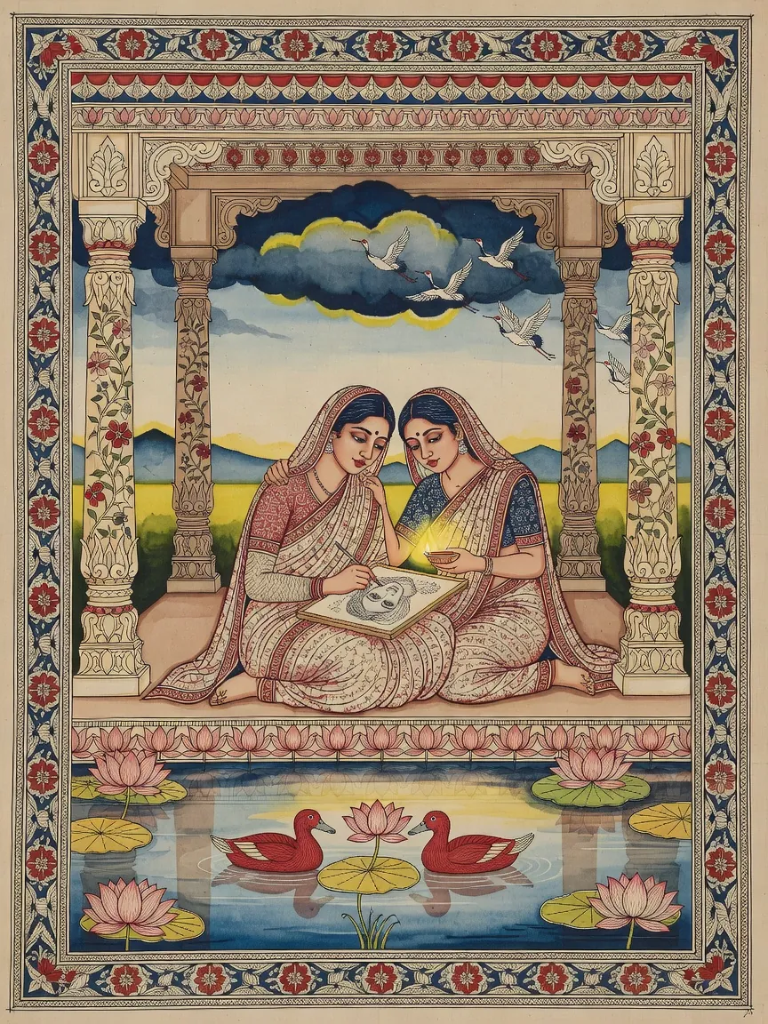 A Kalamkari painting of two women in patterned saris in a pillared pavilion, one painting a portrait on a board while the other holds a lamp, above a lotus pond with two red ducks, as a rain cloud and cranes drift toward distant hills, inside a floral border