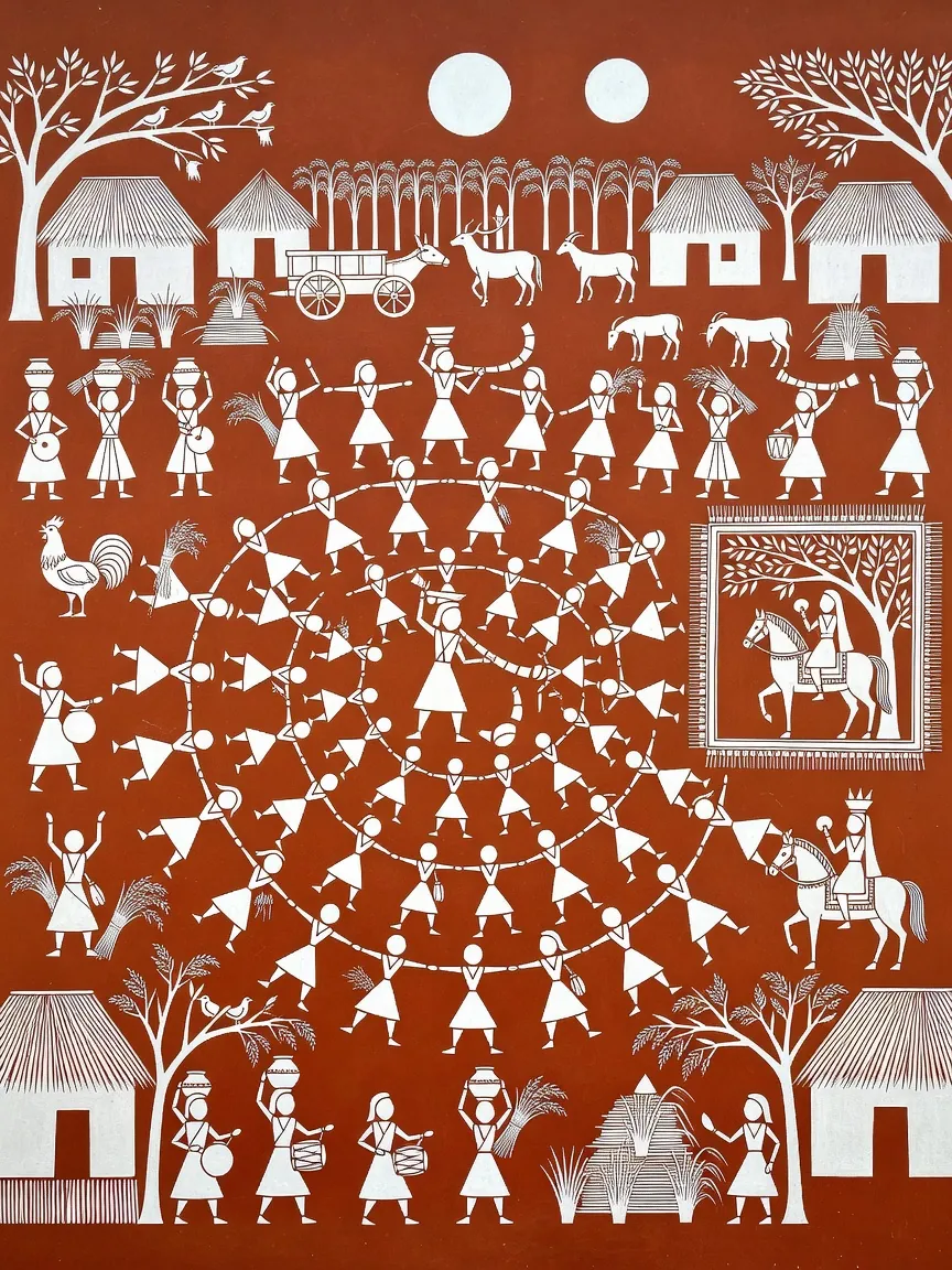 A Warli painting in white on red-brown of villagers dancing in a great spiral around a horn player, with a bride and groom on horseback, huts, trees, cattle, a bullock cart and people carrying water pots and sheaves of rice