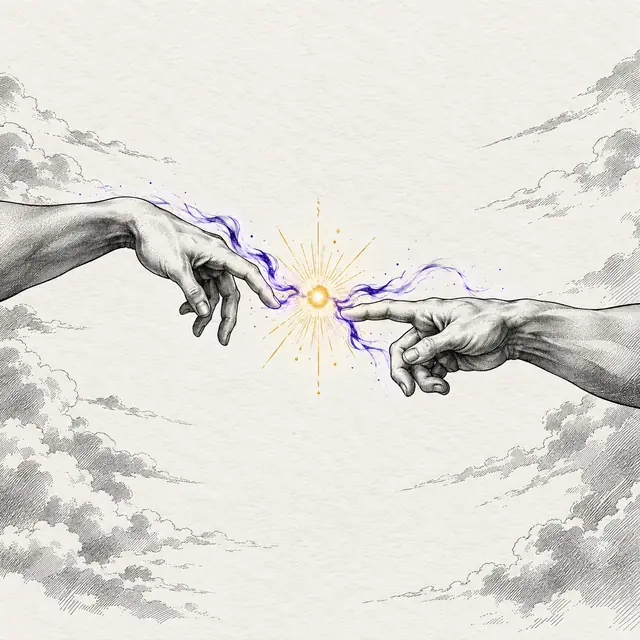 Two hands reaching toward each other after Michelangelo's Creation of Adam, a golden spark between the fingertips