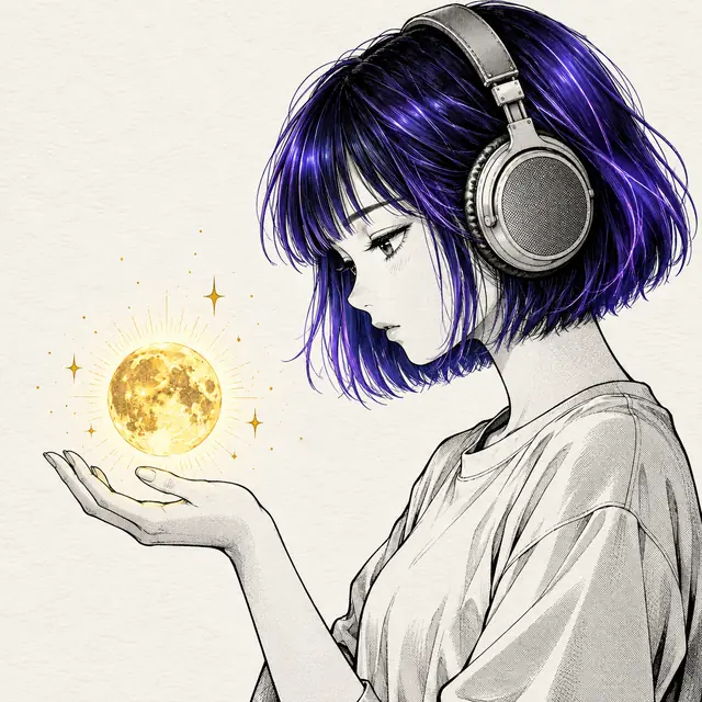 A girl in headphones gazing at a small glowing moon above her open palm, in ink with violet and gold accents