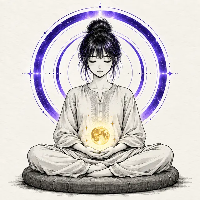 A person meditating in lotus pose, a glowing moon between her cupped hands and violet rings of energy behind her