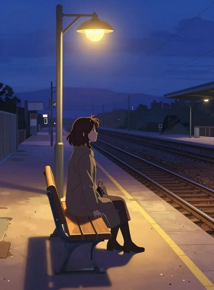 An anime illustration of a woman seated on a bench under a warm lamp on a wide railway platform at dusk.