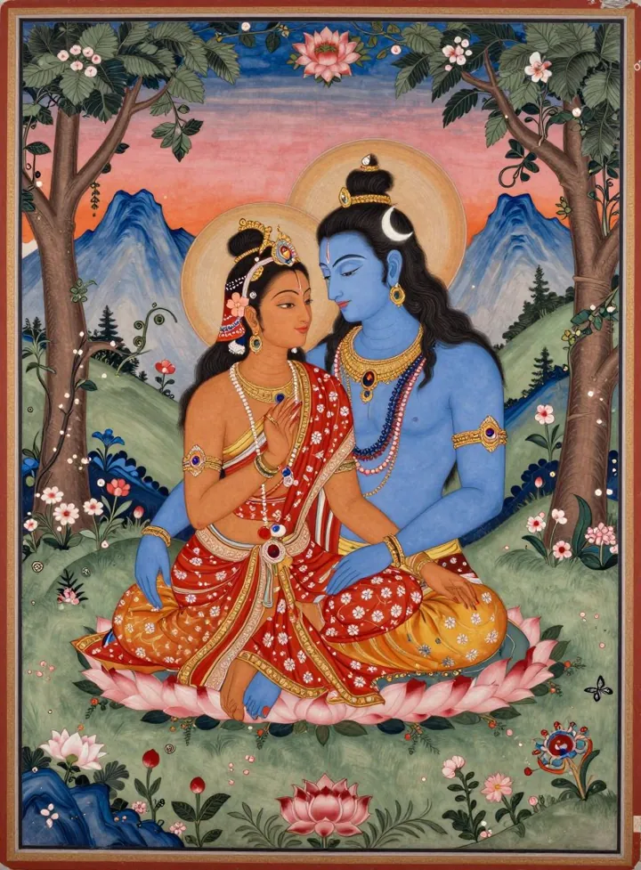 A Pahari miniature of Shiva and Parvati seated together in a flowering grove, in a devotional embrace.