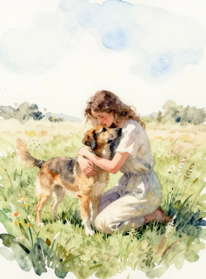 A watercolour of a woman kneeling in a sunlit meadow, hugging her dog.