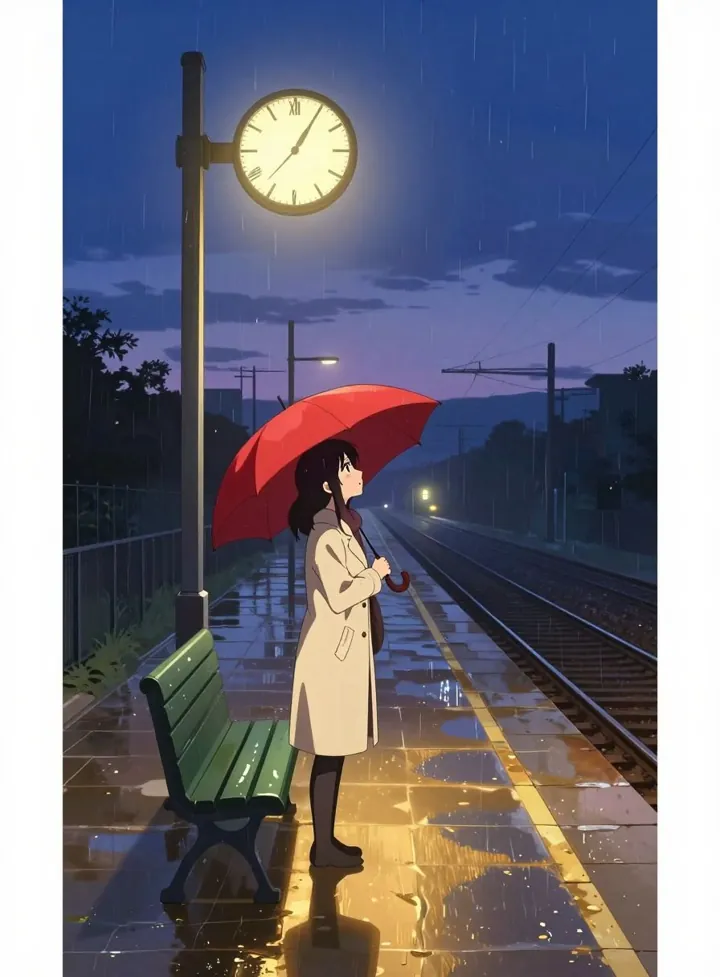 After: the same scene, her umbrella now open and red.
