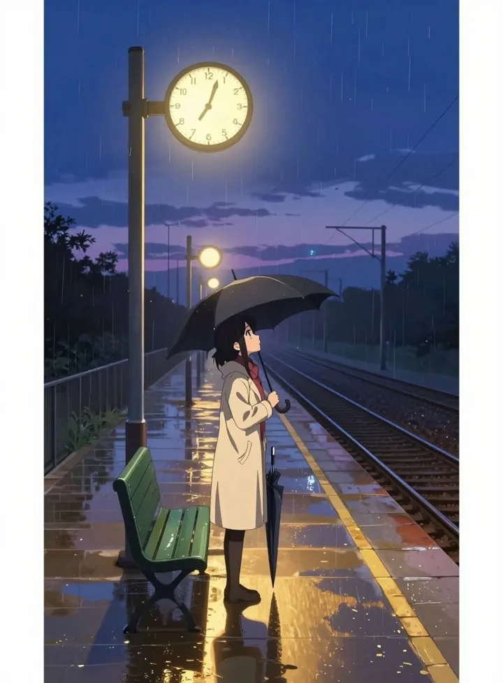 Before: a woman on a rainy platform holding a closed black umbrella.