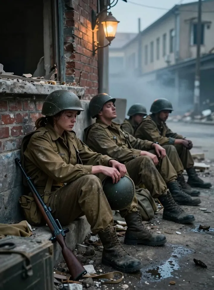 A cinematic still of tired soldiers resting on a damaged street after a battle.