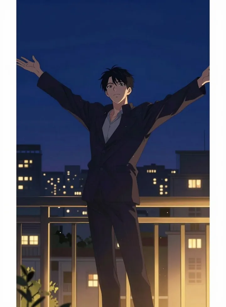 An anime illustration of a man in a dark suit on a night balcony with his arms spread wide.