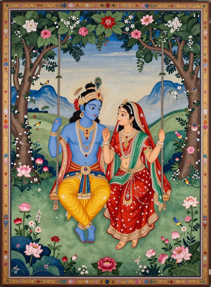 A Pahari miniature of Radha and Krishna on a flower-draped swing in a flowering grove.