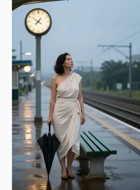 The picture that came back: the same platform scene, the woman in a draped dress.